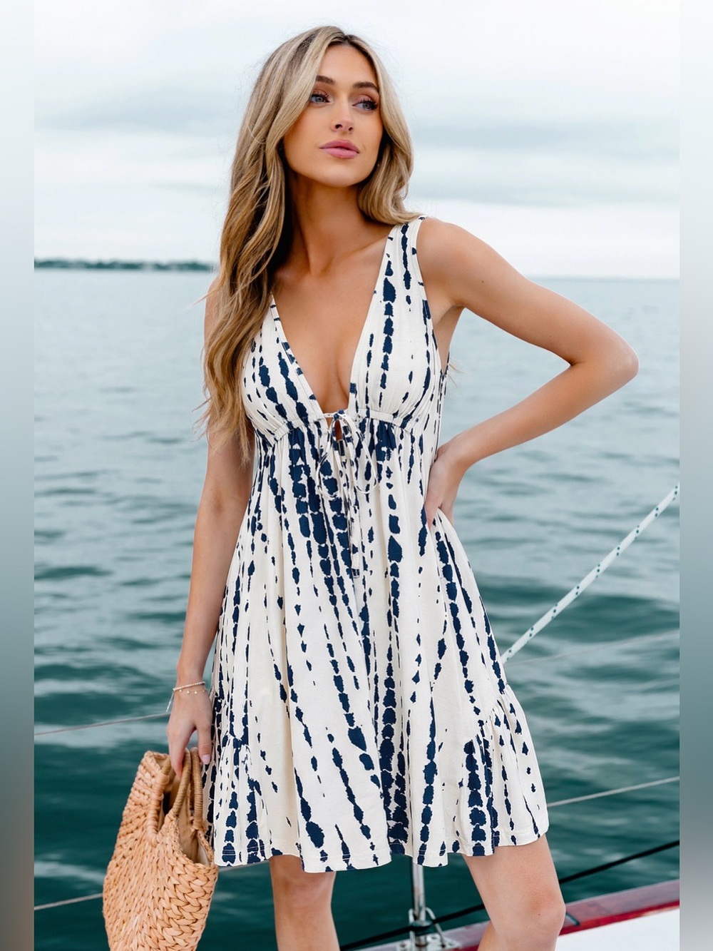 White & Navy Abstract Print Plunging Ruffled Mini Dress